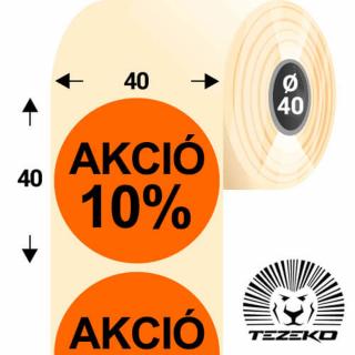 40 mm-es kör, papír címke, fluo narancs színű, Akció 10% felirattal (1000 címke/tekercs)