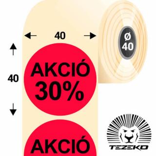 40 mm-es kör, papír címke, fluo piros színű, Akció 30% felirattal (1000 címke/tekercs)