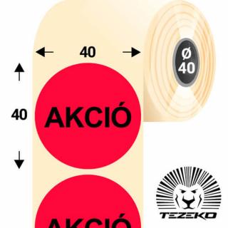40 mm-es kör, papír címke, fluo piros színű, Akció felirattal (1000 címke/tekercs)