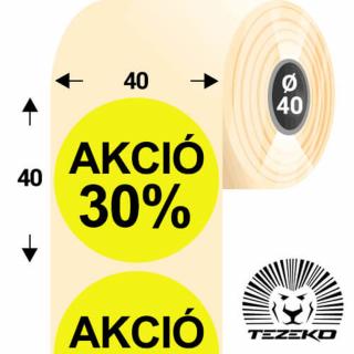 40 mm-es kör, papír címke, fluo sárga színű, Akció 30% felirattal (1000 címke/tekercs)