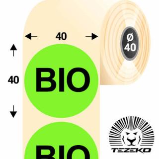 40 mm-es kör, papír címke, fluo zöld színű, Bio felirattal (1000 címke/tekercs)