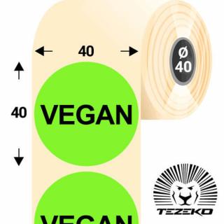 40 mm-es kör, papír címke, fluo zöld színű, Vegan felirattal (1000 címke/tekercs)