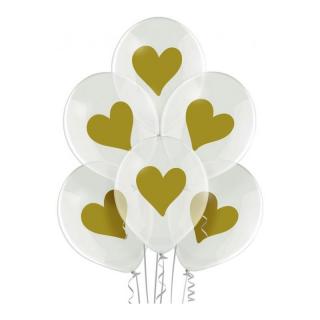 Átlátszó lufi készlet - Gold Hearts, 30cm (6 db)