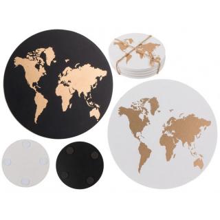 Fából készült poháralátét világtérkép mintával (4 db) Fehér: fehér