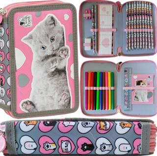 Kétszintes tolltartó - Pink cat - kiegészítőkkel