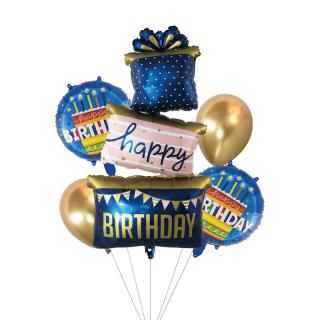 Születésnapi lufikészlet -  Birthday Cake, kék-arany (5 db)
