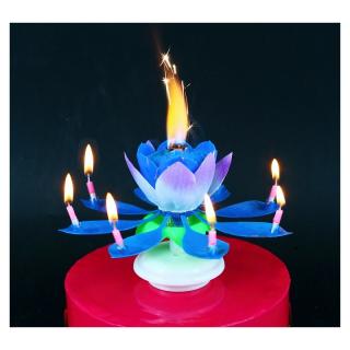 Torta - gyertya -Születésnapi -zenélő - lótuszvirág Kék: kek