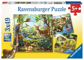 Állatok az erdőben, állatkert és háziállatok - puzzle - 3 x 49 darab - 3 x 49 darab