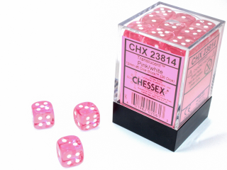 Chessex - Kocka - áttetsző rózsaszín/fehér 12mm d6 kocka blokk (36 kocka)