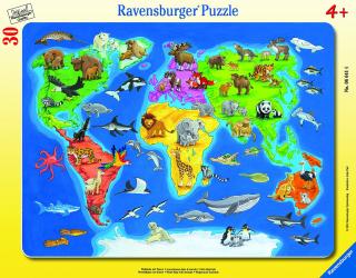 Világtérkép állatokkal - puzzle - 30 darab