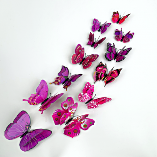 Falmatrica  Reális műanyag 3D pillangók, dupla szárnyakkal - lila  12db 6-12 cm