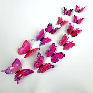 Falmatrica  Reális műanyag 3D pillangók, dupla szárnyakkal - rózsaszín  12db 6-12 cm