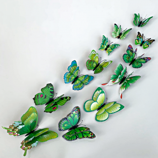 Falmatrica  Reális műanyag 3D pillangók, dupla szárnyakkal - zöld  12db 6-12 cm