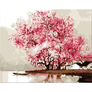 Festés számok szerint kép kerettel  Rózsaszín fa  40x50 cm