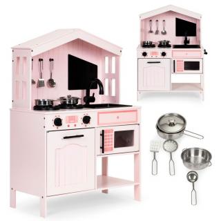 Ecotoys ház alakú fa gyerekkonyha kiegészítőkkel - rózsaszín