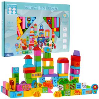 Majlo Toys fa kocka készlet állatok ábráival 100 darabos Farm Blocks