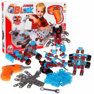 Majlo Toys Junior Block 552 darabból álló csavarozható építő játékkészlet elemes csavarbehajtóval