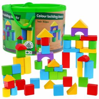 Majlo Toys színes fakocka készlet 50 db vödörben Building Blocks