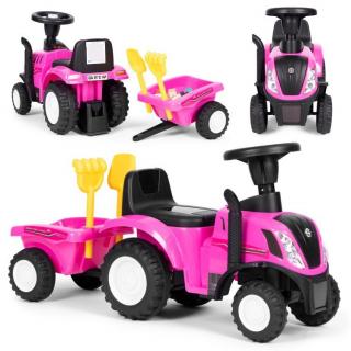 New Holland gyermek lábbal hajtható traktor pótkocsival - rózsaszín