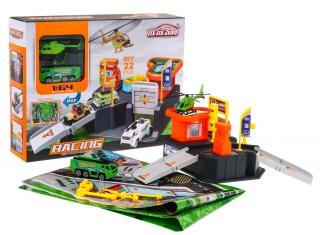 Racing Garage parkolóház játékautóval, helikopterrel és játszószőnyeggel