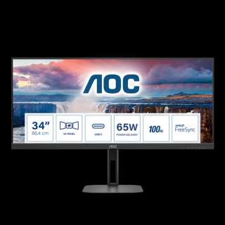 AOC VA monitor U34V5C / BK, 3440x1440, 21:9, 300cd / m2, 1ms, HDMI / DisplayPort / USB-C / 4xUSB, hangszóró