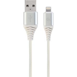 Gembird Premium cotton braided 8-pin charging and data cable, 2m, silver / white