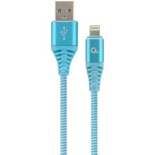 Gembird Premium cotton braided 8-pin charging and data cable, 2m, turquoise / whit