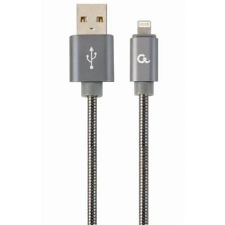 Gembird Premium spiral metal 8-pin charging and data cable, 2m, metallic-grey