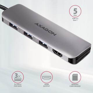 HUB AXAGON HMC-HCR3A USB-Hub, 3x USB-A + HDMI + SD/microSD, USB-C 3.2 Gen 1, 20 cm USB-C-kábel