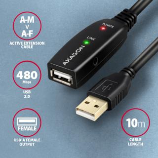 Kábel Axagon  ADR-205 aktív hosszabbító USB 2.0, USB-A (M) >  USB-A  (F)- 10m, fekete