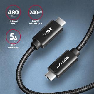 Kábel Axagon USB  Type-C - Type-C töltőkábel, PD 240W 5A, 3m, Fekete