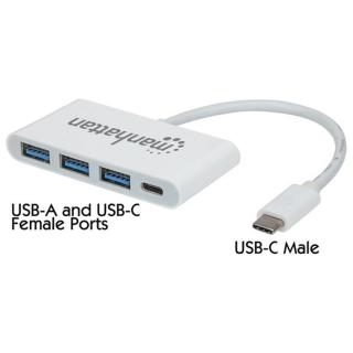 Manhattan USB HUB - Type-C-ről  3db USB 3.0-ra + 1db USB Type-C, Power Delivery, Fehér