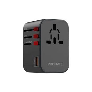 Promate Univerzális adapter - TRIPMATE GAN65 (1xUSB-A, 2xUSB-C, 65W PD, QC3.0, US / UK / EU dugó, fekete)