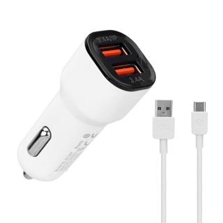 S-Link Autós töltő  -  SL-EC30T  (2db USB, 5V / 2.4A / 3,4A, 17W, Type-C, 100cm adat + töltőkábel, fehér)