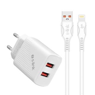 S-Link Telefon töltő - SL-EC50L (2db USB, 5V / 3A, 12W, Gyorstöltés, Lightning, 100cm adat + töltőkábel, fehér)