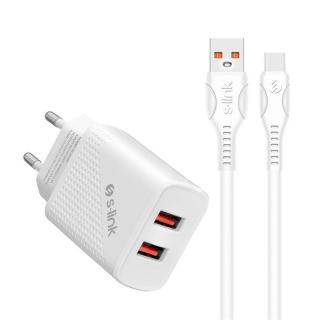 S-Link Telefon töltő - SL-EC50T (2db USB, 5V / 2.4A, 12W, Gyorstöltés, USB Type-C, 100cm adat + töltőkábel, fehér)