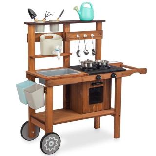 Ecotoys Kültéri fa gyerekkonyha, kiegészítőkkel, 81x81x30,5cm - barna (TL814004)