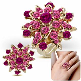 Állítható, virág alakú koktél gyűrű, pink színű cirkónia kristállyal