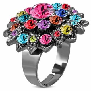 Állítható, virág alakú koktél gyűrű, színes cirkónia kristállyal