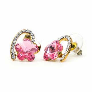 Dina Swarovski kristályos fülbevaló - Rózsaszín virág arany szívben