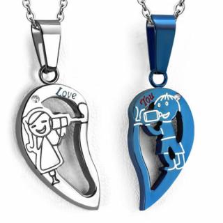 Ezüst és kék színű, kétrészes szív alakú nemesacél medál, cirkónia kristállyal