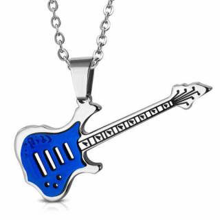 Ezüst - kék színű gitár alakú nemesacél medál