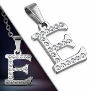 Ezüst színű, "E" betű nemesacél medál, cirkónia kristállyal