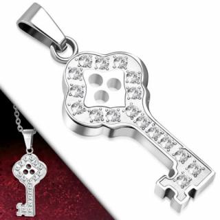 Ezüst színű kulcs alakú nemesacél medál cirkónia kristállyal