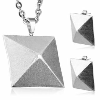 Ezüst színű, piramis alakú nemesacél szett - fülbevaló és medál