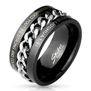 Fekete színű nemesacél gyűrű, középen forgó ezüst színű lánccal-10