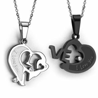 "I love you" Ezüst-fekete páros szív alakú nemesacél medál cirkónia kristályokkal