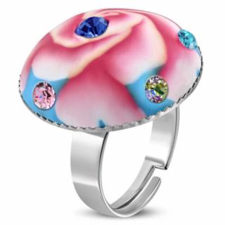 Kör alakú, pink virág mintás állítható nemesacél gyűrű ékszer cirkónia kristállyal