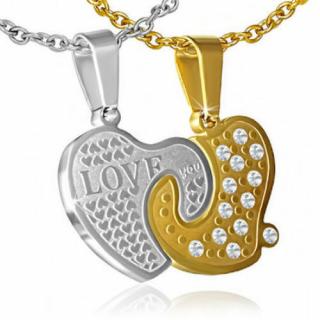 "love you" Ezüst-arany páros szív alakú nemesacél medál cirkónia kristályokkal