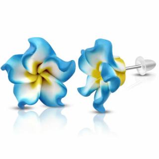 Sárga-fehér-kék pluméria virág fülbevaló
